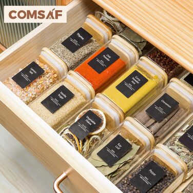 Набір з 12 скляних банок для спецій ComSaf 250 мл із герметичними бамбуковими кришками, квадратні ємності для спецій, цукру, кавових зерен, з 275 чорними етикетками