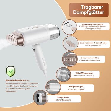 Newbealer парова праска-стимер для одягу, дорожня, складна, швидкий нагрів 20 сек, подвійна напруга 220В/120В, біла