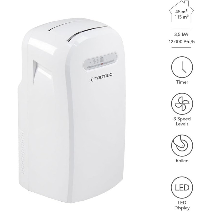 Мобільний кондиціонер TROTEC PAC 3500 3-в-1: охолодження, вентиляція, осушення, 3,5 кВт, 12 000 BTU/год, для приміщень до 45 м², 3 швидкості вентилятора