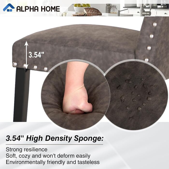 Набір з 4 стільців ALPHA HOME для їдальні та кухні, сірі, з м'яким сидінням зі штучної шкіри та високою спинкою, масивні дерев'яні ніжки