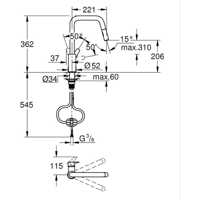 Змішувач кухонний GROHE Start 2 режими, висувна лійка, поворотний на 360°, економія води, чорний матовий 306312430