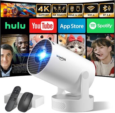 Портативний проєктор Mini Beamer 4K/1080P з WiFi 6, Bluetooth 5.4, Keystone 180°, сумісний з HDMI, TV Stick, Memory Stick, Laptop (Білий)