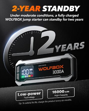 Бустер для автомобіля WOLFBOX 3000A, пусковий пристрій для 12В авто (бензин до 10л, дизель до 10л)