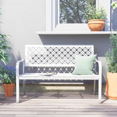 Металева лавка Grand Patio для саду, парку, балкону. Лавка з підлокітниками та спинкою, стиль ретро, міцний метал та чавун, на 2-3 особи. Білий колір, вінтажний стиль.