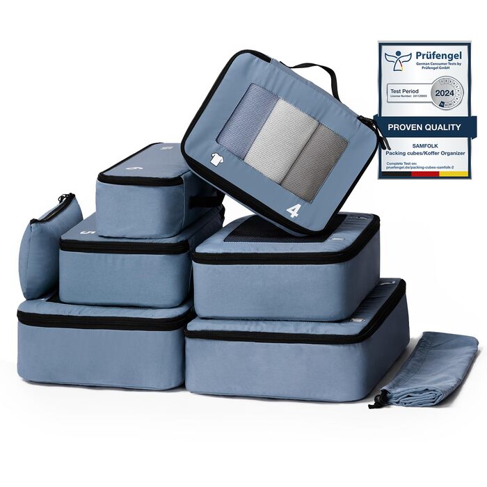 Набір органайзерів для валізи та рюкзака Packing Cubes, 8 предметів, синій — дорожній набір для пакування речей