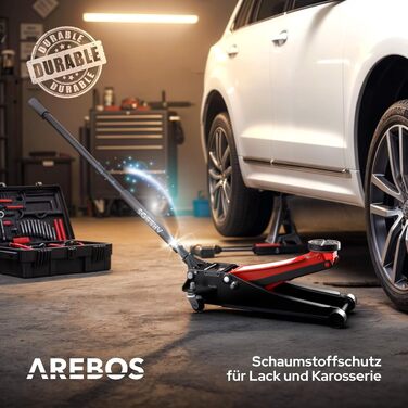 Гідравлічний низькопрофільний домкрат Arebos 3т для авто та SUV, підйом 75-505 мм, двопоршневий, сертифікований TÜV