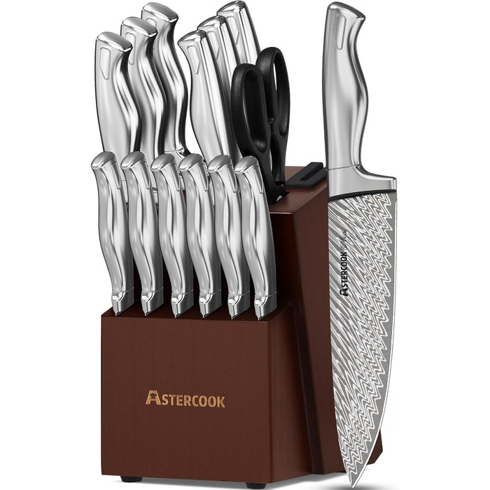 Набір кухонних ножів Astercook 15 предметів з бруском, точилка для ножів, нержавіюча сталь, безпечний для миття в посудомийній машині
