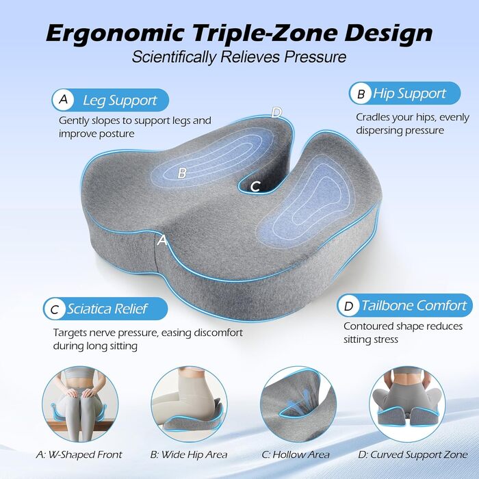 Подушка для офісного крісла Lofty Aim з Memory Foam: ергономічна, для куприка, при болях у спині, для офісу, авто, літака, інвалідного візка - Чорний та світло-сірий
