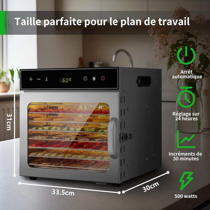 Сушарка для продуктів електрична oiyocemo 8 ярусів, нержавіюча сталь, 500W з книгою рецептів - для м'яса, фруктів, овочів, трав