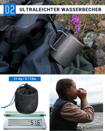 Титанова чашка для кемпінгу COOK'N'ESCAPE Titan Becher 300 мл з кришкою та складною ручкою - легка, міцна, жаростійка для туризму, пікніка