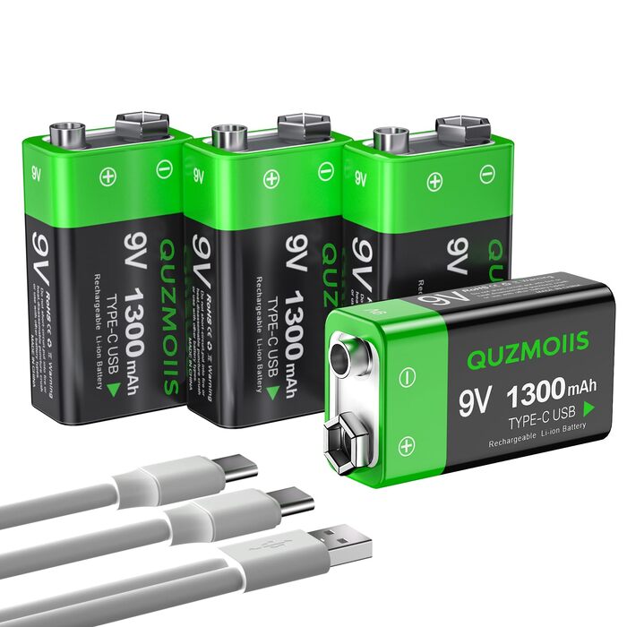 Акумулятори 9V Li-ion 1300mAh перезарядні батарейки з USB-C портом для мультиметрів та датчиків диму, 4 шт.