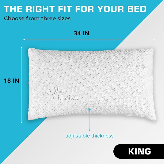 Подушка Xtreme Comforts з бамбуковим пінополіуретаном з ефектом пам'яті, King Size, гіпоалергенна, регульована висота, для сну на спині, боці та животі, США