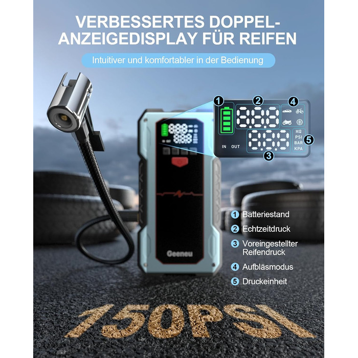Бустер для авто Starthilfe Powerbank 6000A: пусковий пристрій з компресором 150 PSI, 12V для бензинових (до 9л) та дизельних (до 7.5л) двигунів, синій