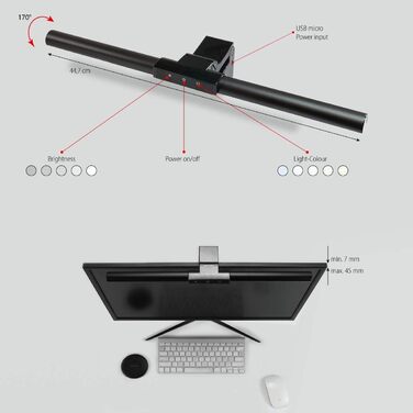 LED лампа для монітора FeinTech LTL00700 USB, кріпиться на монітор, регульована яскравість та колірна температура, чорна