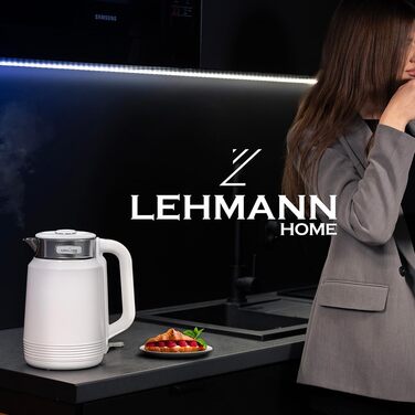 Електричний чайник Lehmann Edelstahl 2L, 2200W з подвійними стінками, автоматичним відключенням та захистом від перегріву, BPA-free, для великих сімей та офісів (Білий)