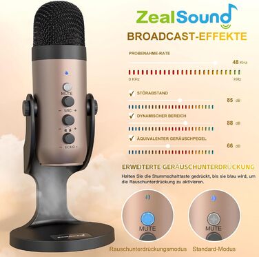 Zealsound USB мікрофон K66 Gold для ПК, смартфонів, PS4/5, конденсаторний, з шумозаглушенням, кнопкою вимкнення та ехоефектом, для ігор, запису, стрімінгу, YouTube, сумісний з Mac та Windows