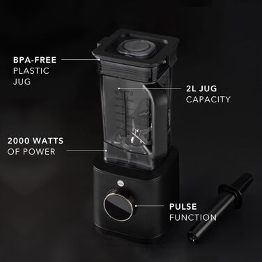 Потужний блендер Wilfa POWER FUEL XL 2л, 2000 Вт, 32000 об/хв, тританова чаша до 100°C, 3 програми, цифровий дисплей, регулятор швидкості, товкач, чорний