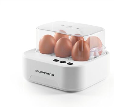 Електричний яйцеварка Gourmetmaxx на 6 яєць зі звуковим сповіщенням | Яйцеварка з функцією діркопроколювача, мірним стаканом та голосовим оповіщенням | 3 ступені нагріву для ідеально зварених яєць | Легке очищення та зручне використання