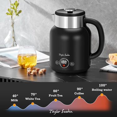 Електрочайник Taylor Swoden Asher з регулюванням температури 45-100°C, 1.7 л, ретро стиль, нержавіюча сталь, 2200 Вт, чорний, функція підтримки тепла