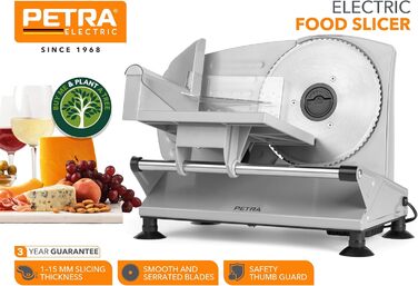 Електрична скиборізка Petra PT4636VDE для кухні: нарізка хліба, сиру, м'яса, ковбаси, регулювання товщини 1-15 мм, 3 леза з нержавіючої сталі, нековзкі ніжки
