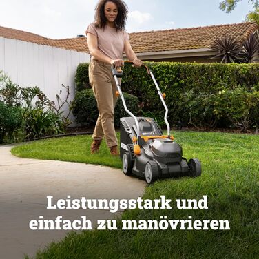 Акумуляторний газонокосарка WORX WG733E 20V, ширина косіння 33 см, об'єм травозлота 35 л, Brushless двигун, 6 положень висоти (25-75 мм), Intellicut, з акумулятором 4Ah та зарядним пристроєм