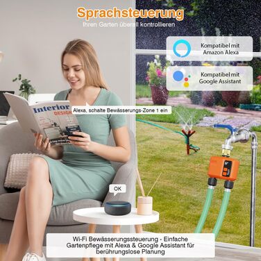Розумний таймер для поливу з Wi-Fi, 300м RF, 2 виходи, латунь. Автоматичний полив саду, газону, балкону з керуванням через додаток та голосовими командами. З функцією відкладання поливу при дощі.