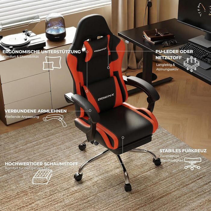 Ігрове крісло Dowinx Ergonomic Gaming Chair з підножкою, навантаження до 150 кг, регульовані підлокітники, офісне крісло для ПК, червоне