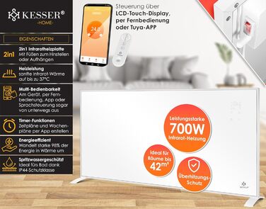 Інфрачервона електронагрівач KESSER 700 Вт, енергоощадна, для підлоги і стіни, з термостатом, дистанційним керуванням та керуванням через додаток, біла