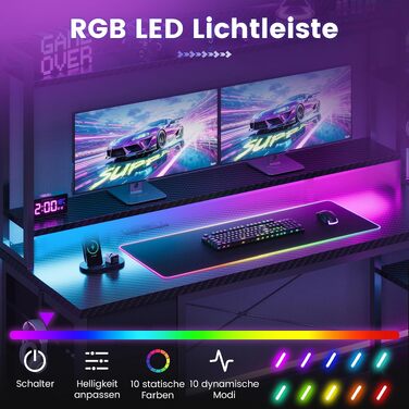 Ігровий стіл YOUDENOVA з LED-підсвіткою, шухлядами та полицями, 150x48 см, з розеткою та USB-портами, підставкою для монітора та тримачем для навушників, вуглецеве волокно, чорний