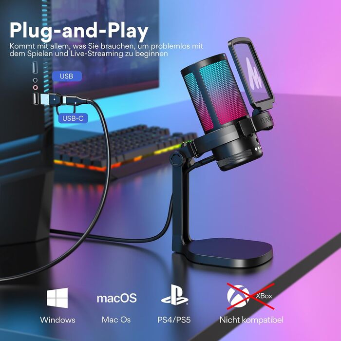 Ігровий USB мікрофон MAONO DGM20 з шумозаглушенням, конденсаторний для стрімінгу, подкастів, студії, сумісний з ПК, PS5/PS4, Mac, RGB-підсвітка, сенсорне вимкнення, регулятор гучності