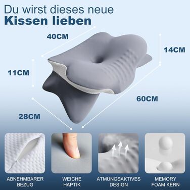Подушка для шиї з 3D підтримкою, сертифікована CertiPUR-US та OEKO-TEX, для сну на боці, спині та животі, з дихаючим знімним чохлом