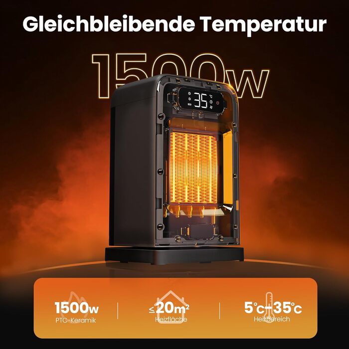 Електричний обігрівач 1500W з керамічним PTC нагрівачем, портативний з термостатом та ECO-режимом, 4 режими, цифровий дисплей, таймер 12 годин, тихий (35dB), чорний, 26 см