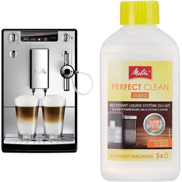 Кавомашина Melitta Caffeo Solo & Perfect Milk E957-103, автоматична, срібляста, з капучинатором, функціями автоматичного очищення + Очищувач для молочної системи Perfect Clean 250 мл