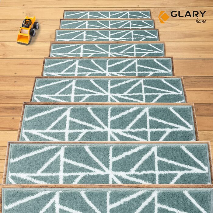 Набір з 15 самоклеючих килимків на сходи Glary Home, 22×71×1,2 см, біло-бірюзовий, трикутний візерунок