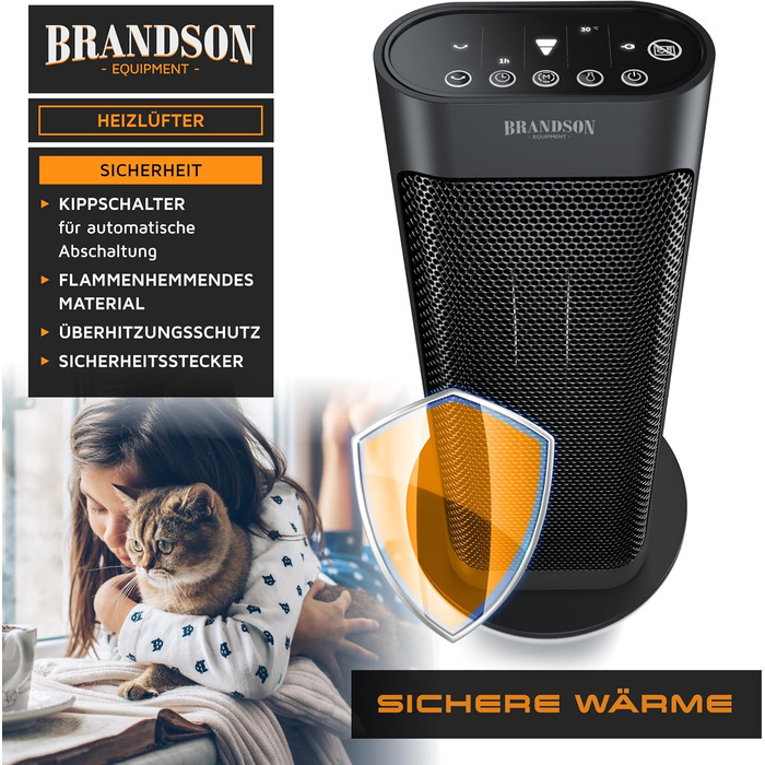 Електричний керамічний обігрівач Brandson, енергозберігаючий, тихий, з дистанційним керуванням, термостатом, захистом від перегріву, для ванної, спальні, вітальні, чорний