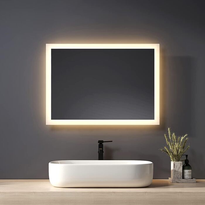 Дзеркало для ванної кімнати з підсвічуванням LED 80x60 см, тепле біле світло 3000K, монтаж вертикально/горизонтально