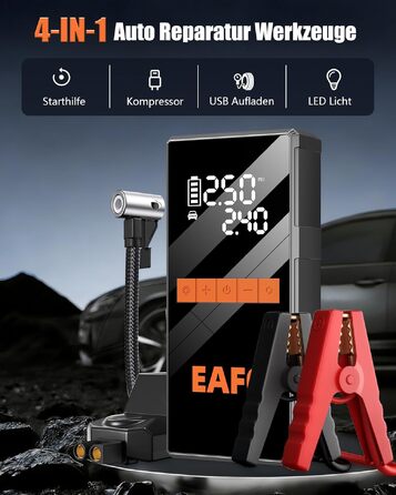 Пусковий інвертор (бустер) 4000A з компресором 150 PSI, Powerbank 12V для авто (бензин до 10л, дизель до 6л) з LED-дисплеєм та USB-C, набір у сумці