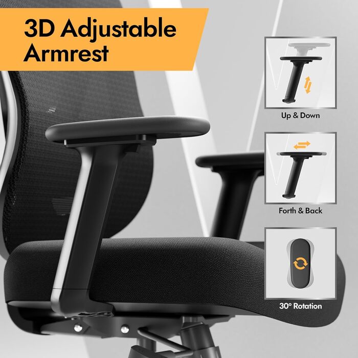 Ергономічне крісло для офісу та дому з 3D поперековою підтримкою та регульованими підлокітниками, біле (чорне)