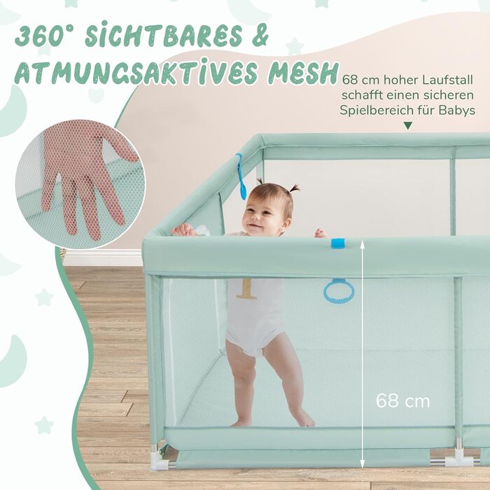 Дитячий манеж DREAMADE 200x180 см з 50 м'ячиками та 4 ручками, складаний, з дихаючим мережем, для дітей 0-36 місяців (зелений)