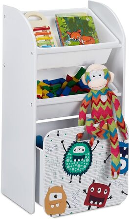 Дитячий стелаж Relaxdays з 3 коробками на роликах, монстр, білий, 80,5x42,5x30 см, іграшковий органайзер
