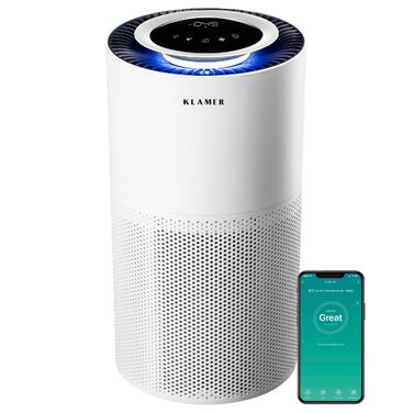Очищувач повітря KLAMER 600i з HEPA H13, вугільним фільтром та UV-світлом, CADR 450 м³/год для приміщень до 55 м², білий