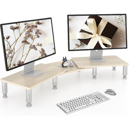Підставка для двох моніторів AX Waber Dual Monitor Riser, регульована довжина та кут нахилу, дерев'яна підставка з місцем для зберігання, біла