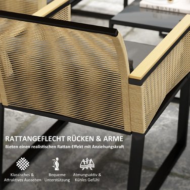 Набір садових меблів Outsunny Poly Rattan 4 особи, Погодостійкий набір балконних меблів з 2-місним диваном, 2 стільці скляна подушка для сидіння столу, Група відпочинку на відкритому повітрі, Меблі для патіо Садовий набір для садового балкона, чорний