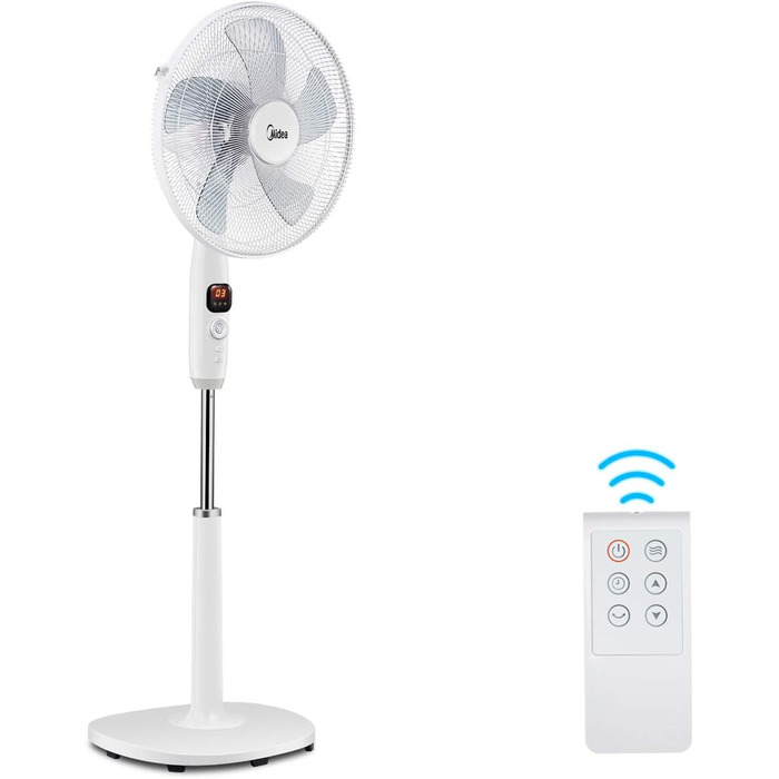 Вентилятор підлоговий Midea FS40-16CR з DC-мотором, 12 швидкостей, тиха робота 27 дБ, дистанційне керування, LED-дисплей, таймер 12 год, 4 режими, енергозбереження, 5 лопатей, регульована висота, білий