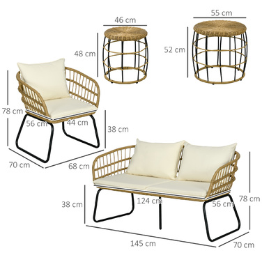 Набір садово-розслаблювальних меблів з ротангу, Lounge-Set, набір для відпочинку на відкритому повітрі, у стилі бохо, 5-ти частинний, розміри 145 x 70 x 78 см, кремовий + натуральний + чорний