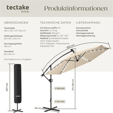 Садова парасолька TecTake з LED сонячним підсвічуванням, Ø 350 см, бежева — підвісна парасолька з подвійним дахом, поворотом на 360° та регулюванням нахилу