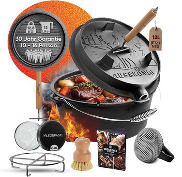 Набір Dutch Oven 4.5л: чавунний горщик для тушкування з ніжками, 2-в-1 кришкою, набором для чищення та рецептами. 30 років гарантії.