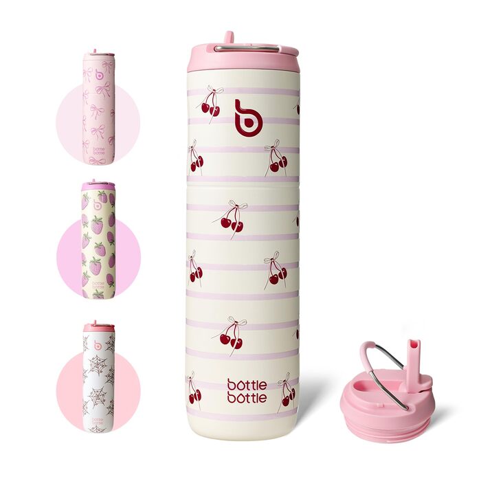 Термопляшка для води BOTTLE BOTTLE 750 мл з трубочкою, кришкою та ручкою — герметична, BPA-free, з подвійними стінками (принт Корова/Happy Cherry), для спорту та фітнесу
