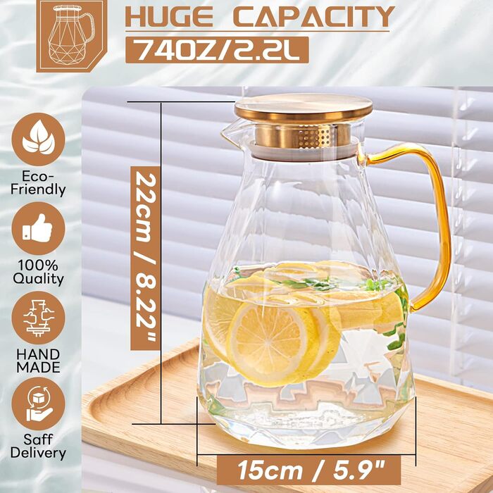Скляна карафа Yirilan 2.2L з кришкою, 74 унції - для води, напоїв