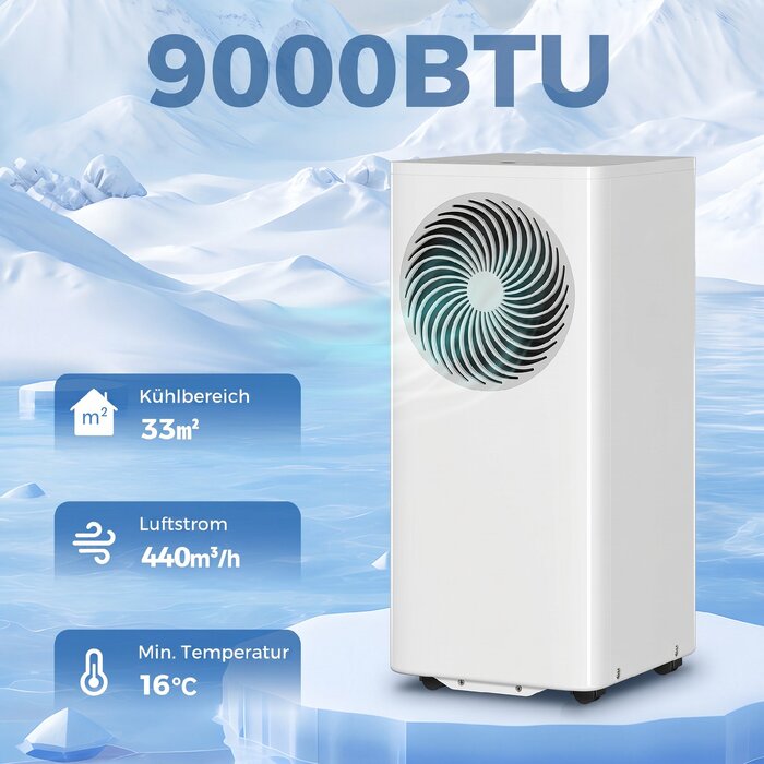 Мобільний кондиціонер 9000 BTU, 4-в-1: охолодження, осушувач повітря (40 л/доба), вентилятор та нічний режим